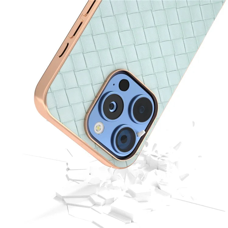 For iPhone 16 Pro Case Woven Texture Electroplating Edge Leather Coated PC+TPU Phone Cover