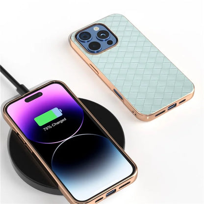 For iPhone 16 Pro Case Woven Texture Electroplating Edge Leather Coated PC+TPU Phone Cover