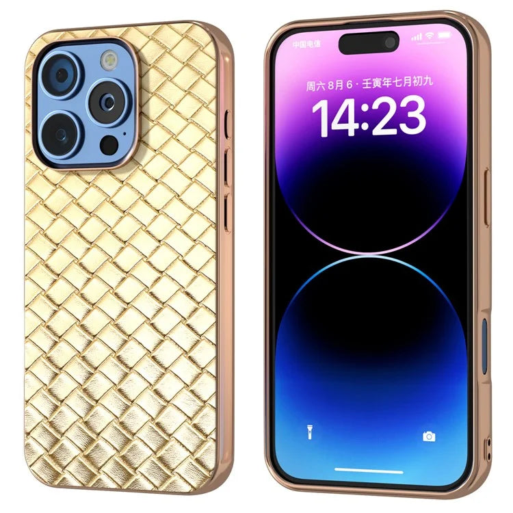 For iPhone 16 Pro Case Woven Texture Electroplating Edge Leather Coated PC+TPU Phone Cover