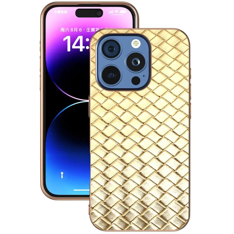 For iPhone 16 Pro Case Woven Texture Electroplating Edge Leather Coated PC+TPU Phone Cover