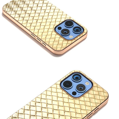 For iPhone 16 Pro Case Woven Texture Electroplating Edge Leather Coated PC+TPU Phone Cover