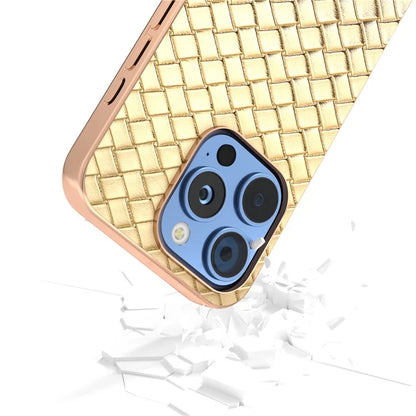 For iPhone 16 Pro Case Woven Texture Electroplating Edge Leather Coated PC+TPU Phone Cover