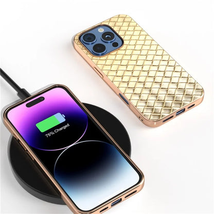 For iPhone 16 Pro Case Woven Texture Electroplating Edge Leather Coated PC+TPU Phone Cover