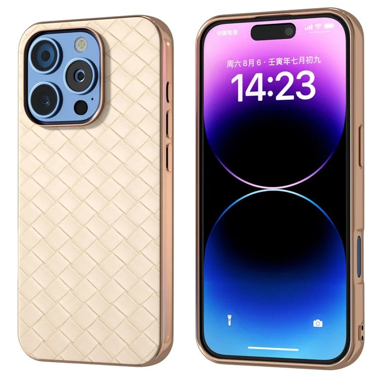 For iPhone 16 Pro Case Woven Texture Electroplating Edge Leather Coated PC+TPU Phone Cover