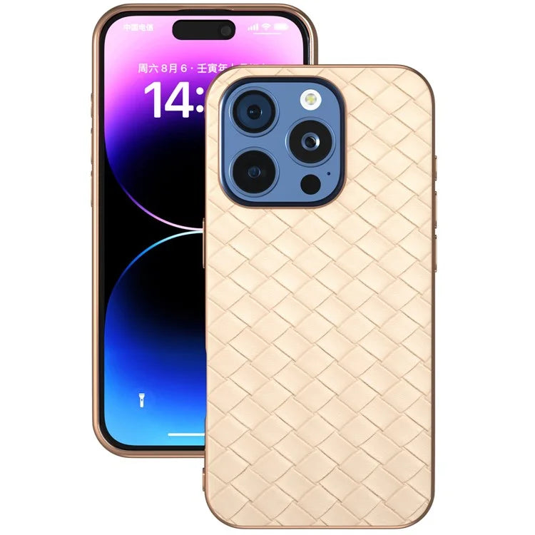 For iPhone 16 Pro Case Woven Texture Electroplating Edge Leather Coated PC+TPU Phone Cover