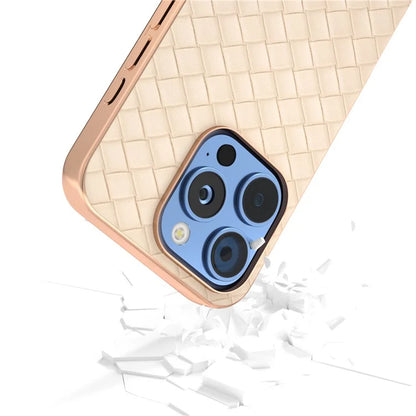 For iPhone 16 Pro Case Woven Texture Electroplating Edge Leather Coated PC+TPU Phone Cover