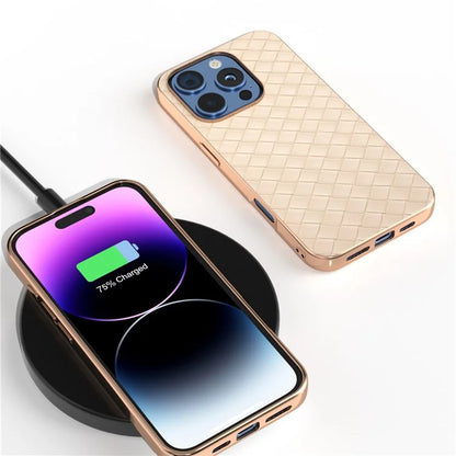 For iPhone 16 Pro Case Woven Texture Electroplating Edge Leather Coated PC+TPU Phone Cover
