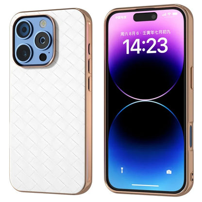 For iPhone 16 Pro Case Woven Texture Electroplating Edge Leather Coated PC+TPU Phone Cover