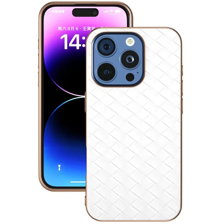 For iPhone 16 Pro Case Woven Texture Electroplating Edge Leather Coated PC+TPU Phone Cover