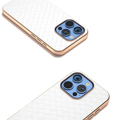 For iPhone 16 Pro Case Woven Texture Electroplating Edge Leather Coated PC+TPU Phone Cover