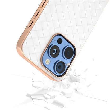For iPhone 16 Pro Case Woven Texture Electroplating Edge Leather Coated PC+TPU Phone Cover