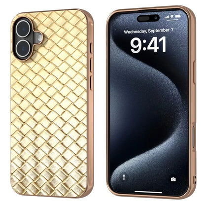 For iPhone 16 Plus Case Woven Texture Electroplating Edge Leather Coated PC+TPU Phone Cover