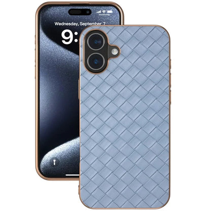 For iPhone 16 Plus Case Woven Texture Electroplating Edge Leather Coated PC+TPU Phone Cover