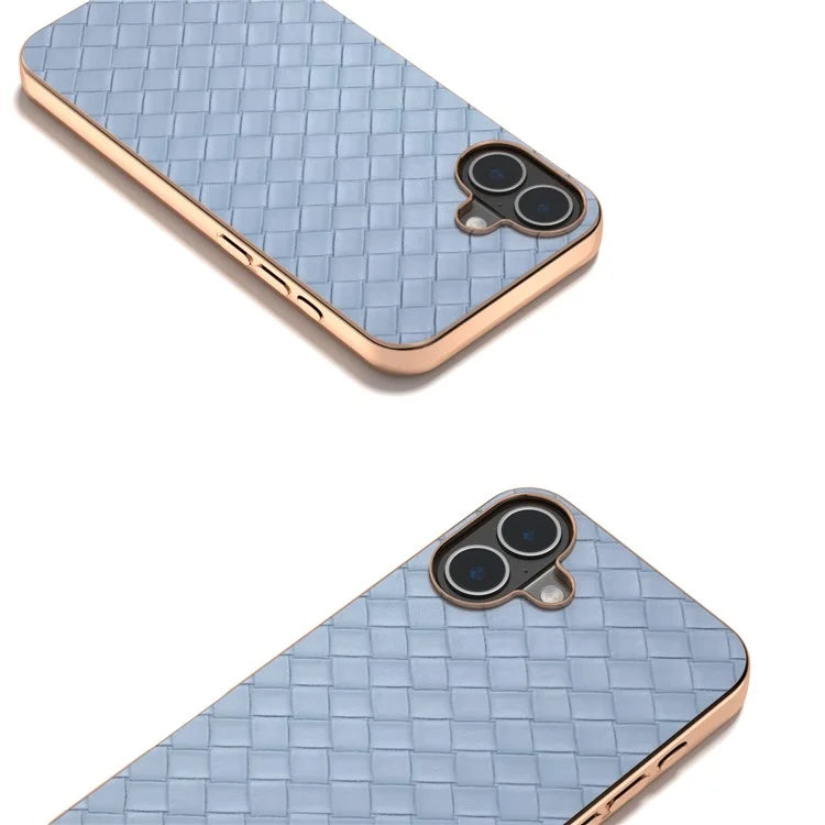 For iPhone 16 Plus Case Woven Texture Electroplating Edge Leather Coated PC+TPU Phone Cover