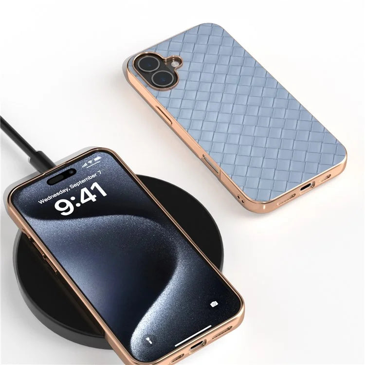 For iPhone 16 Plus Case Woven Texture Electroplating Edge Leather Coated PC+TPU Phone Cover