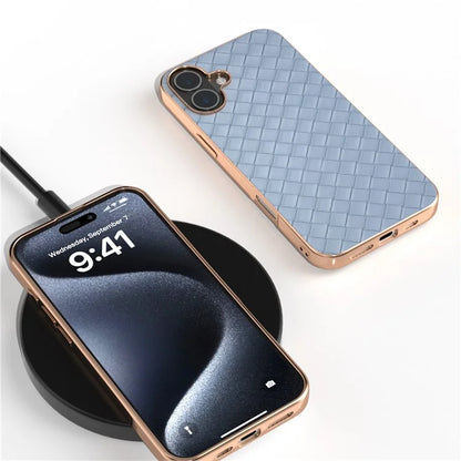 For iPhone 16 Plus Case Woven Texture Electroplating Edge Leather Coated PC+TPU Phone Cover