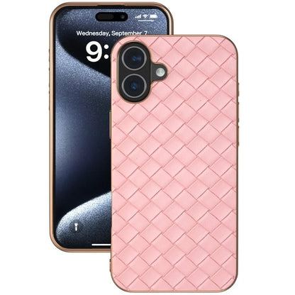 For iPhone 16 Plus Case Woven Texture Electroplating Edge Leather Coated PC+TPU Phone Cover