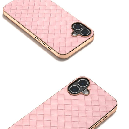 For iPhone 16 Plus Case Woven Texture Electroplating Edge Leather Coated PC+TPU Phone Cover