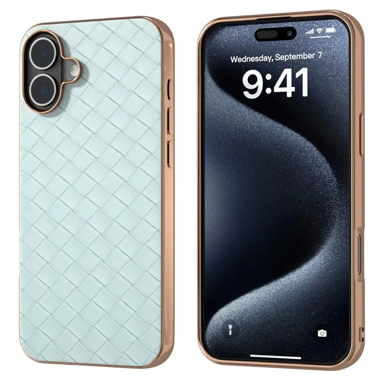 For iPhone 16 Plus Case Woven Texture Electroplating Edge Leather Coated PC+TPU Phone Cover