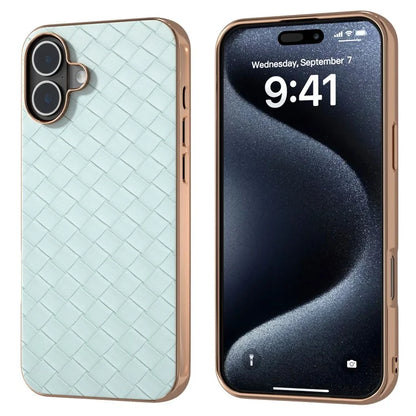 For iPhone 16 Plus Case Woven Texture Electroplating Edge Leather Coated PC+TPU Phone Cover