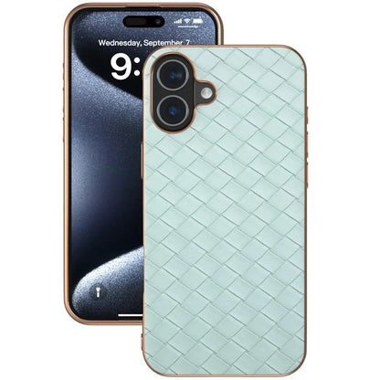 For iPhone 16 Plus Case Woven Texture Electroplating Edge Leather Coated PC+TPU Phone Cover