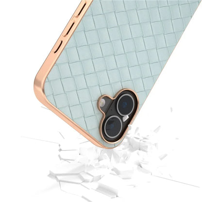 For iPhone 16 Plus Case Woven Texture Electroplating Edge Leather Coated PC+TPU Phone Cover