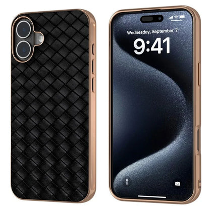 For iPhone 16 Plus Case Woven Texture Electroplating Edge Leather Coated PC+TPU Phone Cover
