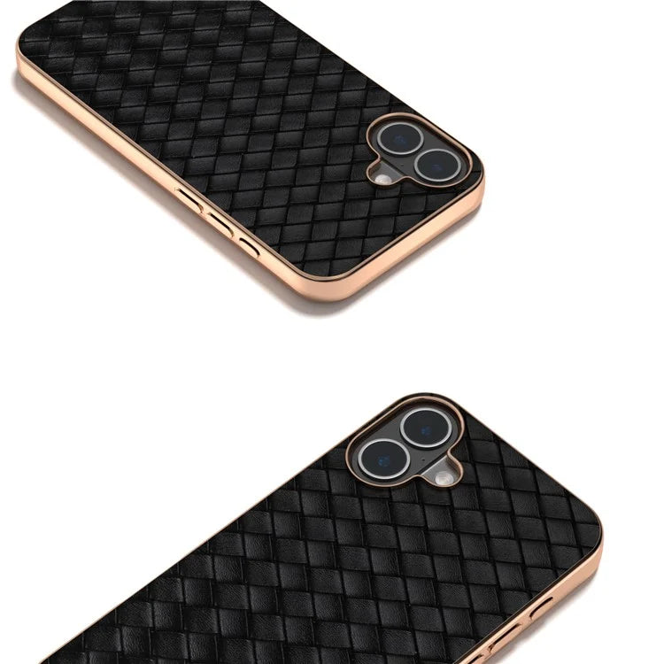 For iPhone 16 Plus Case Woven Texture Electroplating Edge Leather Coated PC+TPU Phone Cover