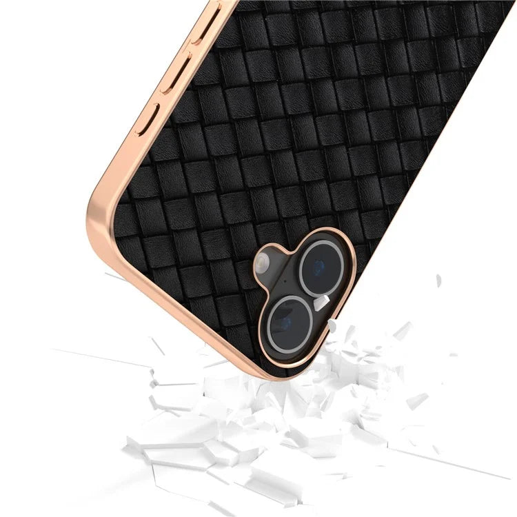 For iPhone 16 Plus Case Woven Texture Electroplating Edge Leather Coated PC+TPU Phone Cover