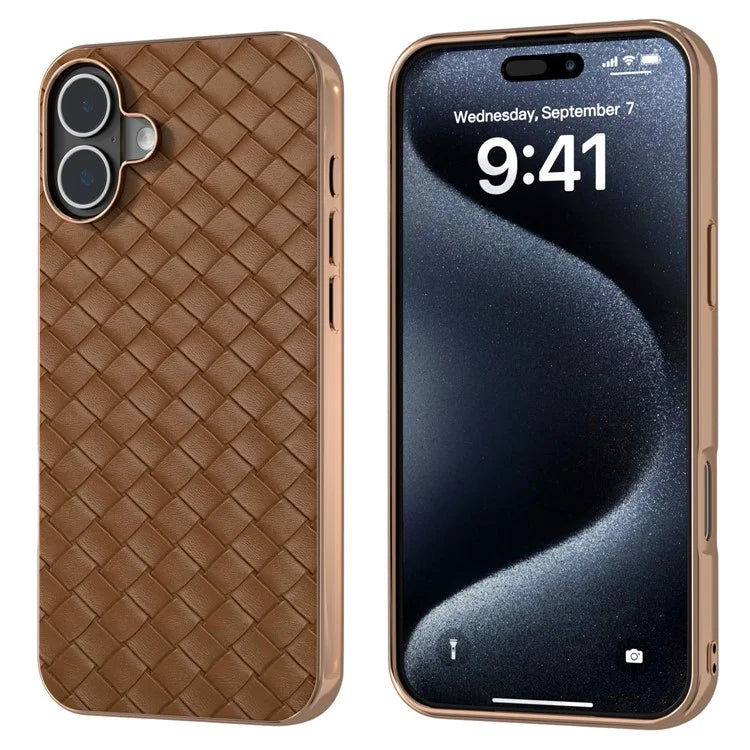 For iPhone 16 Plus Case Woven Texture Electroplating Edge Leather Coated PC+TPU Phone Cover