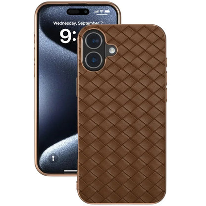 For iPhone 16 Plus Case Woven Texture Electroplating Edge Leather Coated PC+TPU Phone Cover