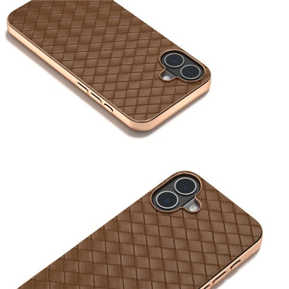 For iPhone 16 Plus Case Woven Texture Electroplating Edge Leather Coated PC+TPU Phone Cover