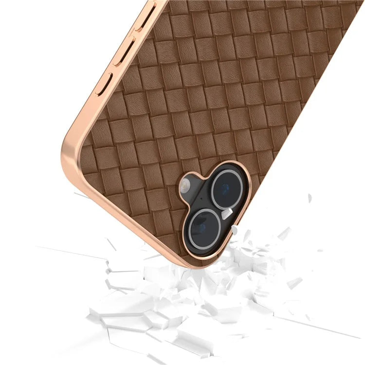 For iPhone 16 Plus Case Woven Texture Electroplating Edge Leather Coated PC+TPU Phone Cover