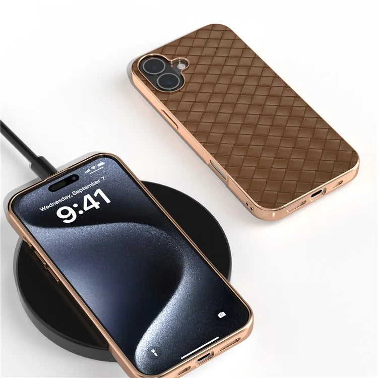 For iPhone 16 Plus Case Woven Texture Electroplating Edge Leather Coated PC+TPU Phone Cover