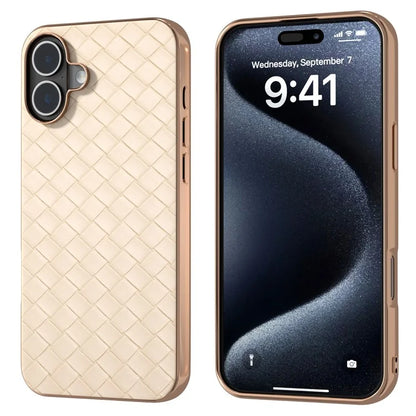 For iPhone 16 Plus Case Woven Texture Electroplating Edge Leather Coated PC+TPU Phone Cover