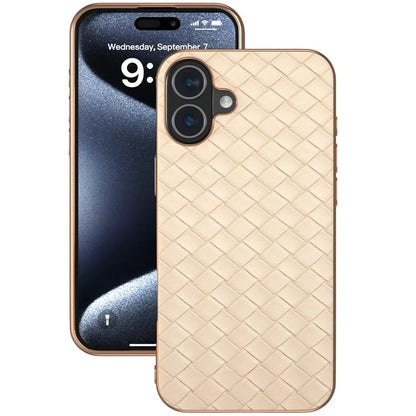 For iPhone 16 Plus Case Woven Texture Electroplating Edge Leather Coated PC+TPU Phone Cover