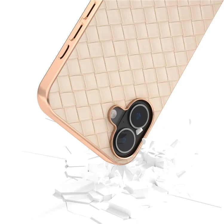 For iPhone 16 Plus Case Woven Texture Electroplating Edge Leather Coated PC+TPU Phone Cover