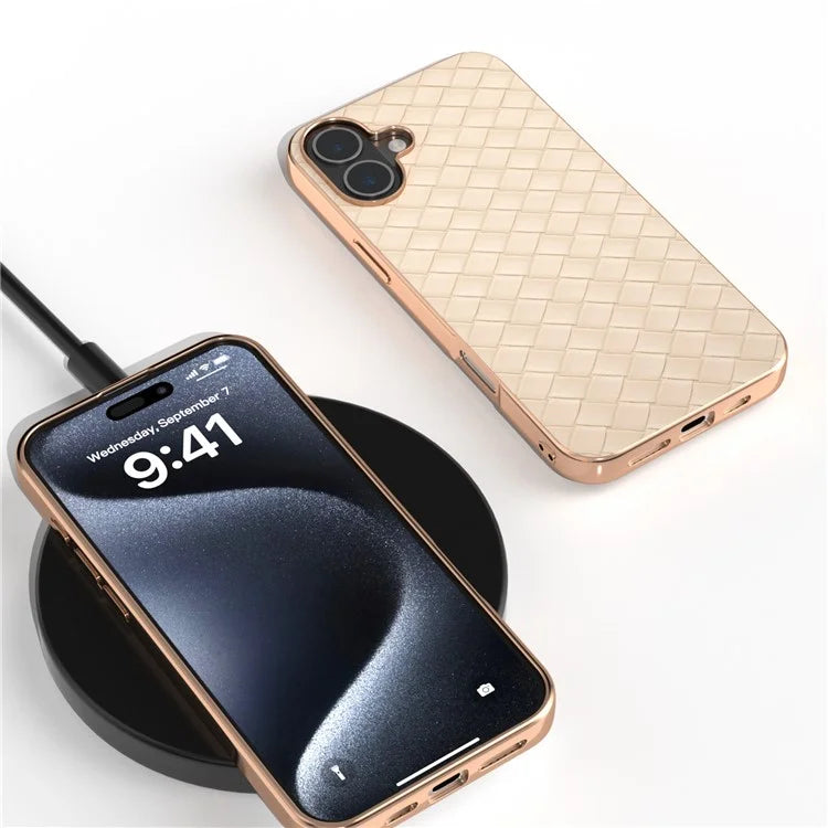 For iPhone 16 Plus Case Woven Texture Electroplating Edge Leather Coated PC+TPU Phone Cover