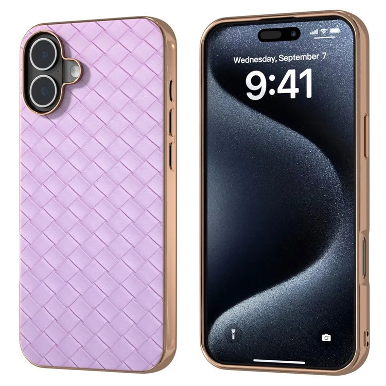 For iPhone 16 Plus Case Woven Texture Electroplating Edge Leather Coated PC+TPU Phone Cover