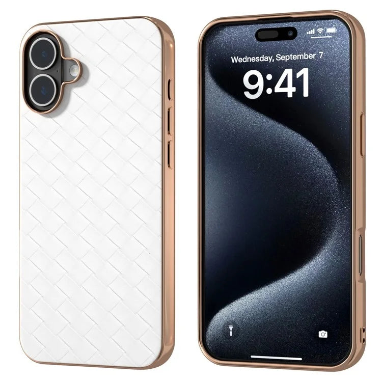 For iPhone 16 Plus Case Woven Texture Electroplating Edge Leather Coated PC+TPU Phone Cover