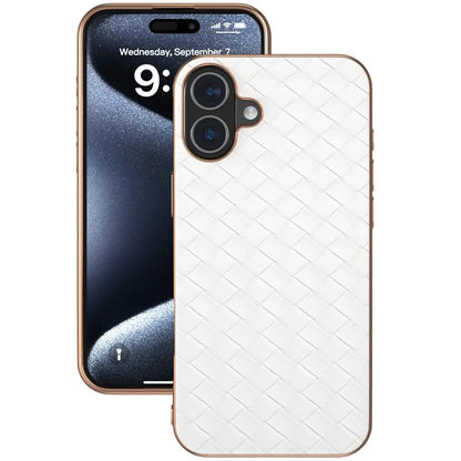 For iPhone 16 Plus Case Woven Texture Electroplating Edge Leather Coated PC+TPU Phone Cover