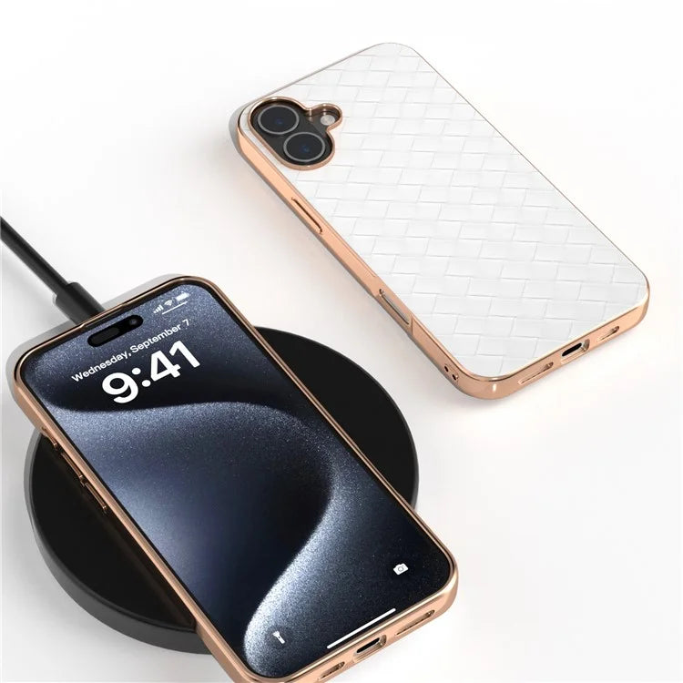 For iPhone 16 Plus Case Woven Texture Electroplating Edge Leather Coated PC+TPU Phone Cover