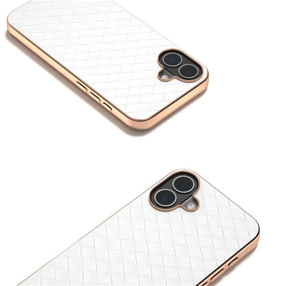 For iPhone 16 Plus Case Woven Texture Electroplating Edge Leather Coated PC+TPU Phone Cover