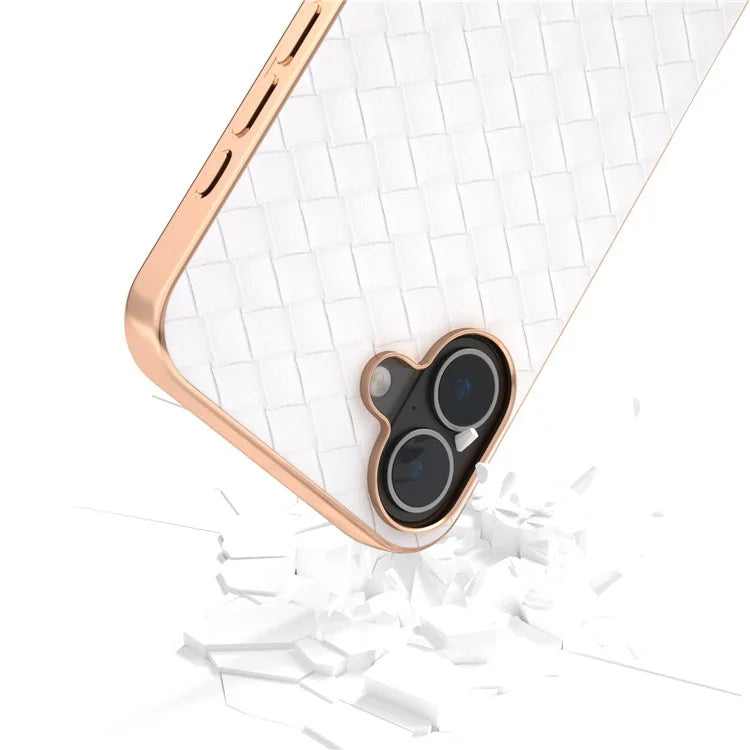 For iPhone 16 Plus Case Woven Texture Electroplating Edge Leather Coated PC+TPU Phone Cover