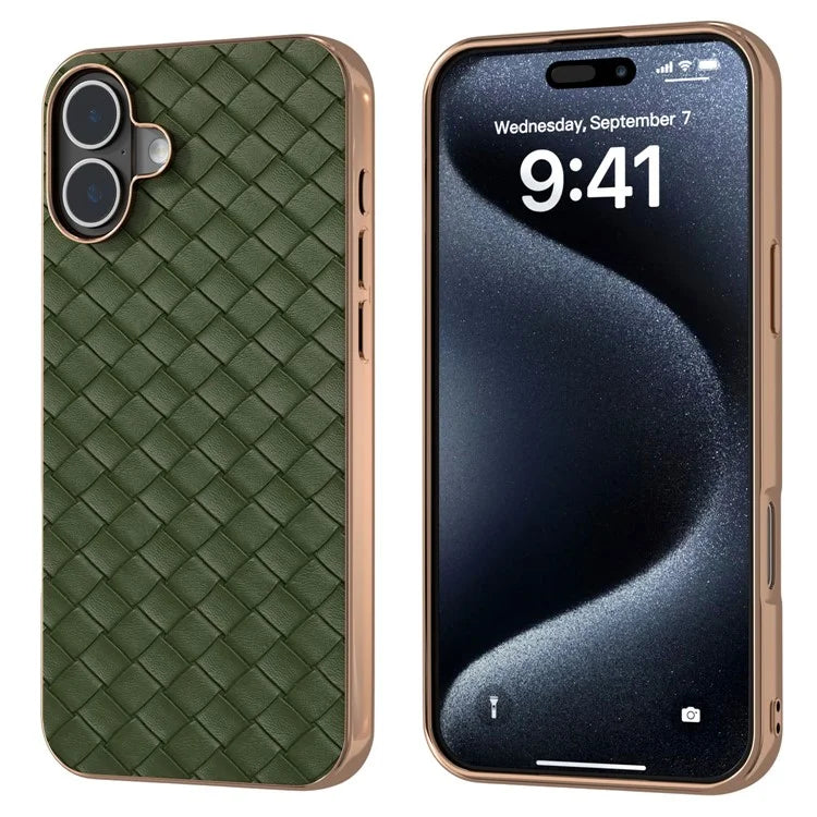 For iPhone 16 Plus Case Woven Texture Electroplating Edge Leather Coated PC+TPU Phone Cover