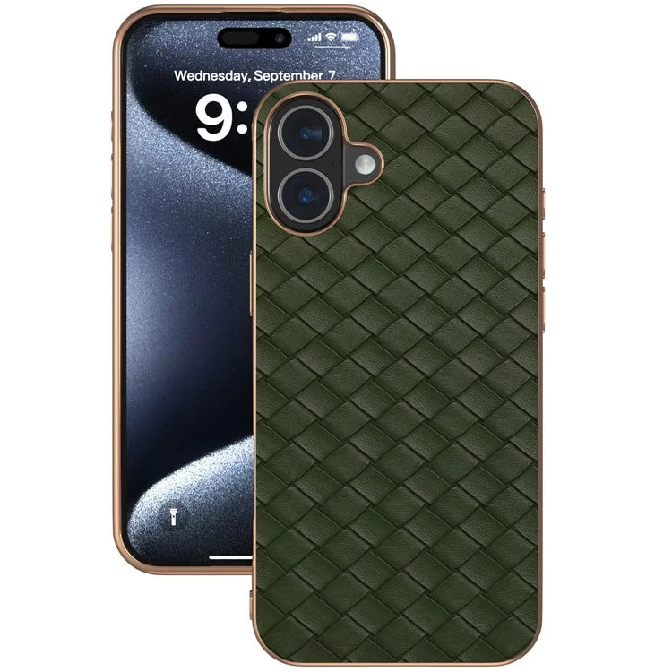 For iPhone 16 Plus Case Woven Texture Electroplating Edge Leather Coated PC+TPU Phone Cover