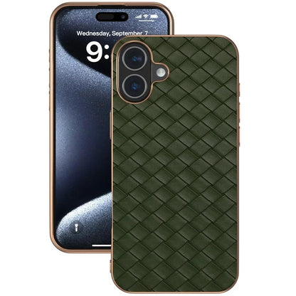 For iPhone 16 Plus Case Woven Texture Electroplating Edge Leather Coated PC+TPU Phone Cover