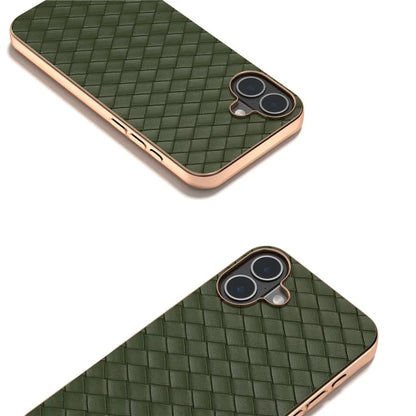 For iPhone 16 Plus Case Woven Texture Electroplating Edge Leather Coated PC+TPU Phone Cover