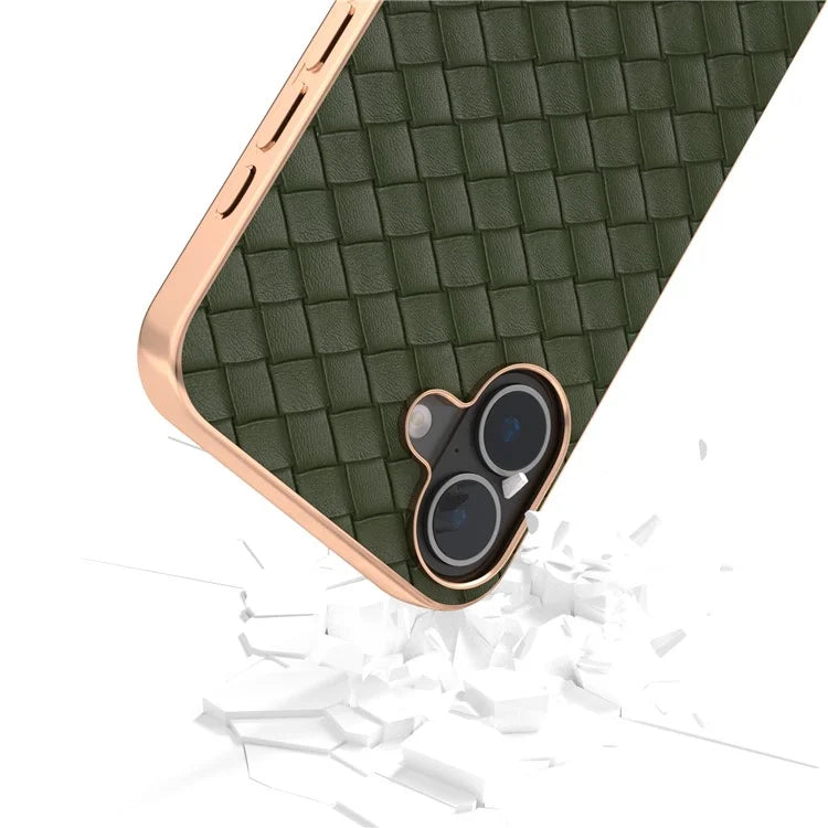 For iPhone 16 Plus Case Woven Texture Electroplating Edge Leather Coated PC+TPU Phone Cover