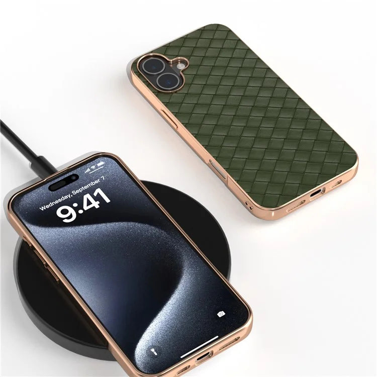 For iPhone 16 Plus Case Woven Texture Electroplating Edge Leather Coated PC+TPU Phone Cover